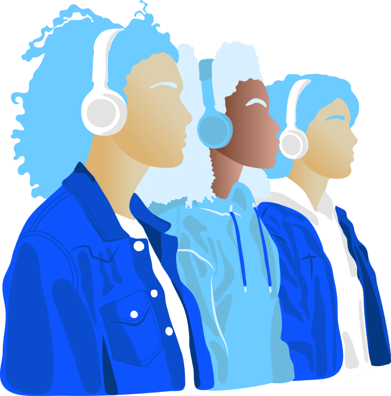 Illustration of three young people with headphones looking to the right from side profile, in blue colour