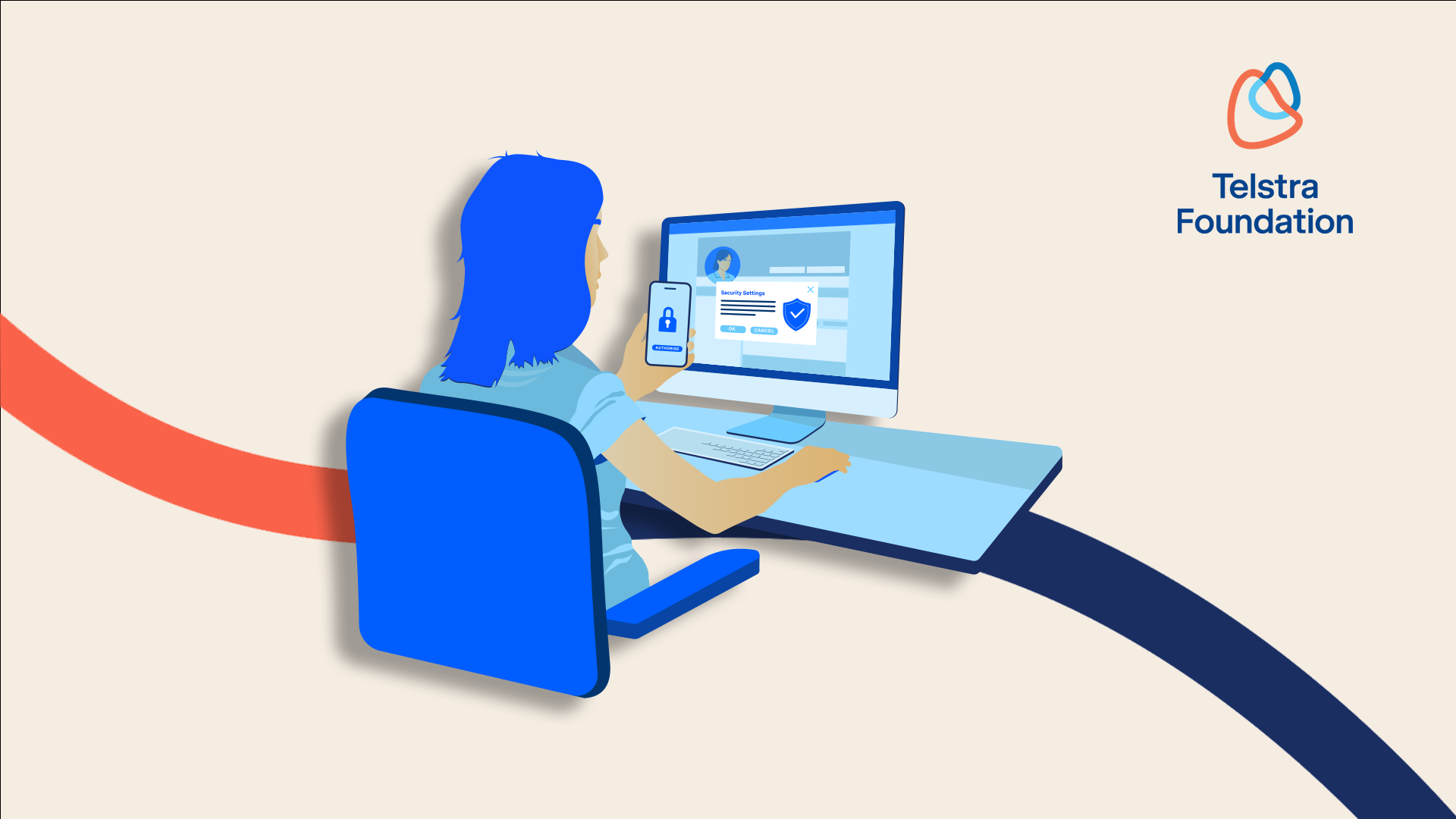 Illustration of young person looking at safety messages on a computer and phone