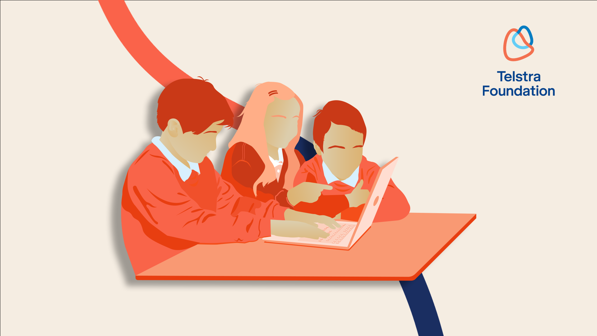 Illustration of three school children looking at a laptop