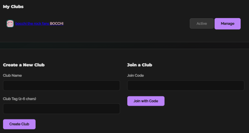 Image of the Club manager on projectranked.com, showing a club called “bocchi the rock fans”